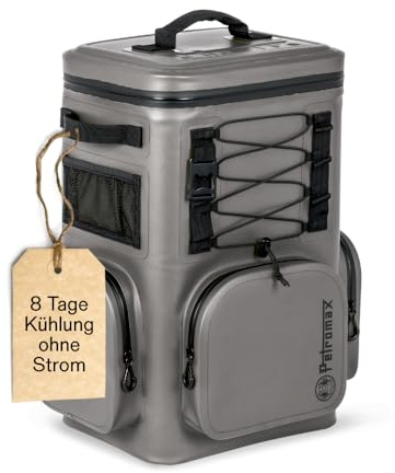Petromax Kühlrucksack 27 Liter Dunkelgrau| 8 Tage Kühlung ohne Strom (192 h) | Rückenpolsterung | stabil | auslaufsicher | 13 x 1-Liter-Flaschen | Sixpack, Getränke, Grillgut | Flaschenöffner