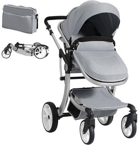 Maxmass Foldable Baby Pushchair, Lightweight Infant Stroller with Adjustable Handle & Canopy, Removable Foot Cover & Mosquito Net, Convertible Seat, Storage Bag, Toddler Buggy for 0-3 Year Old (Grey)