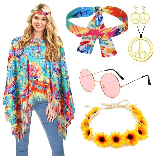 ATOWORLD Hippie Kostüm Damen Set mit Poncho und Zubehör Karneval Faschingskostüme Cowgirl Hippie Kleidung Damen Boho Flower Power 60er 70er Jahre Bekleidung Disco Outfit Frau