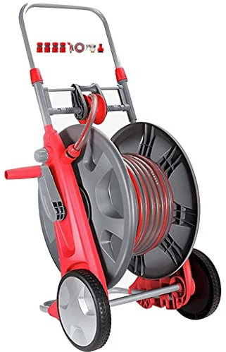 Schlauchaufroller-Wagen, Gartenschlauchaufroller, robuster Outdoor-Gartenschlauchaufroller, tragbarer Schlauchwagen mit Rollen, einziehbares Schlauchaufbewahrungsregal, mit Wasserpistole (grauer, rote