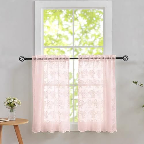 Kitchen Curtains Sets for Windows Short Pink for Girls Room 36 Inch Length Flower Lace Cafe Net With Scalloped Edges Privacy Blinds Shade for Girly Living Room Set of 2 Panels