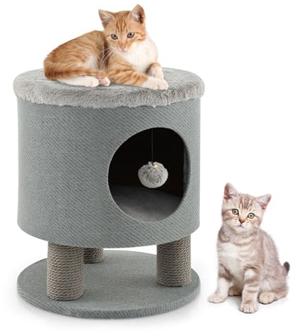 GOPLUS Kratzbaum mit Katzenhöhle, Katzenhaus mit Plüschliegefläche, Spielball & 3 Kratzsäulen, moderner Fußhocker mit Stabiler Basis, Sitzhocker belastbar bis 60 kg, 40 × 40 × 47 cm (grau)