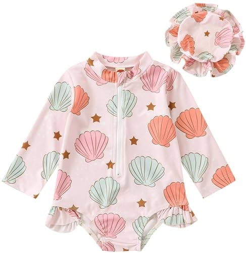 Happy Cherry Costume da bagno a maniche lunghe per bambine 0-2 anni anti-UV 50+ Rashguard con cuffia da bagno, A-01., 12-18 Mesi