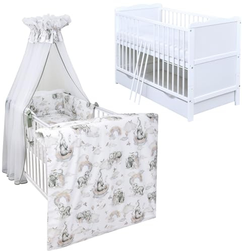 Generisch Baby Delux Babybett Komplett Set Jack Kinderbett umbaubar zum Juniorbett 140x70 weiß Schublade Matratze Bettset mehrteilig (Elefant)