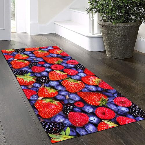 Yinghesheng Teppich Läufer Flur Küche Erdbeer-Blaubeer-Muster 80x160cm Küchenläufer waschbar rutschfest,Flurläufer 3D Muster Lange Teppichläufer küchenteppich für Korridor Schlafzimmer Wohnzimmer