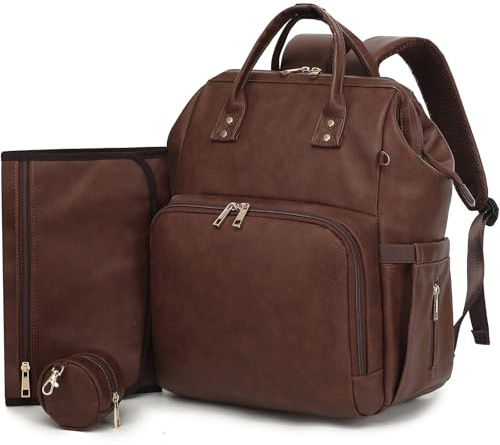 ROSEGIN Premium Wickeltasche aus veganem Leder mit wasserdichter Wickelunterlage, verstärkte Nähte und Reißverschlüsse, Babytasche für Jungen und Mädchen, Kinderwagengurte, passend für 15,6