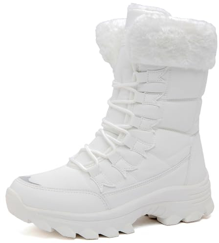 VLOOKST Bottes Femme Bottes de Neige Bottines de Hiver Étanche Botte de Randonnée Chaussures Montantes de Randonnée Bottine de Neige Fourrure Chaussure de Hiver Blanc Taille 43