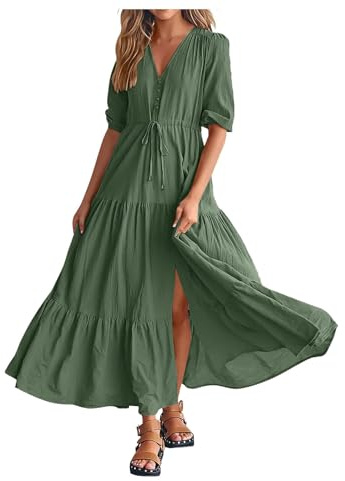 Boho Kleid Damen Lang| Freizeitkleid 3/4 arm |Maxikleid V Ausschnitte Cut Out Strandkleid A Linien Volant-Kleid mit Kordelzug Bequem Maxi Kleid Spaghetti Kleid Cocktailkleid Elegant Kleider