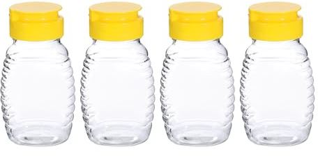 sourcing map 4 botellas de plástico para miel de 108 ml, dispensador de miel a prueba de fugas, recipientes de miel recargables con tapa abatible para almacenar y dispensar jarabe de salsa