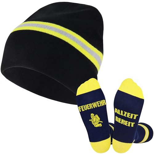 Jeasona Feuerwehr Set Mütze Socken Männer 43-46 Geschenk Feuerwehrmann | Feuerwehrsocken Zubehör Ausrüstung für Männer Feuerwehr Geschenke Jugendfeuerwehr Geschenk für Feuerwehrmann