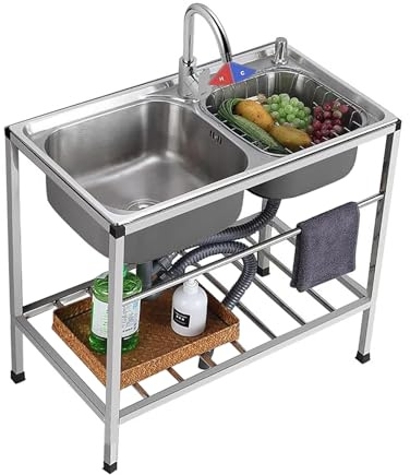 Lavello da cucina in acciaio inossidabile con rubinetto per acqua calda e fredda, Lavello da ristorante commerciale indipendente, Lavello da esterno con doppia vasca, per giardino, garage, lavanderia