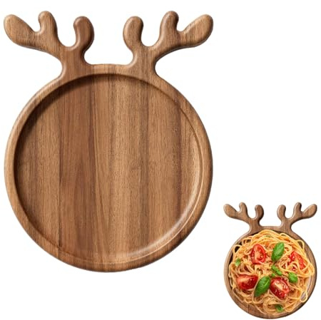 AZURAOKEY Weihnachtliche Servierplatte Rentier Akazienholz Serviertablett Geweih Dekor Sushi Serviertablett Runde Holzplatte Speiseplatte Display Teller Küche Geschenk zum Einzug - S