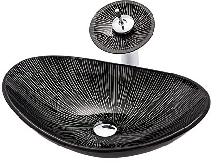 SGKOMN Lavandino da appoggio per Il Bagno, Linee Bianche e Nere, lavabo da appoggio in Vetro temperato, Installazione su Piano d'appoggio, lavabo da appoggio Ovale per Il Bagno, lavab
