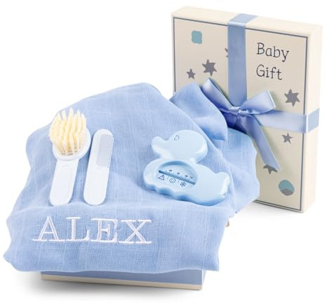 Geschenk für Neugeborene Jungen und Mädchen mit besticktem Musselintuch, Thermometer und Bürste, funktionales Körbchen für die Babypflege, personalisiertes Körbchen (Blau)