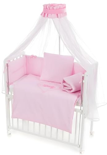 Babyhafen Beistellbett Baby Herzen – Komplettset mit Matratze, Rollen & 8-TLG. Bettwäsche – höhenverstellbar – 90x40 cm – Weiß mit Herzstickerei (Rosa)
