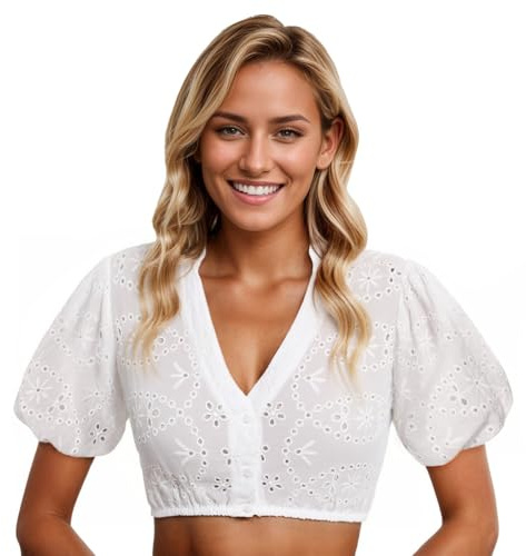 Generisch Damen Dirndlbluse Elegante Ballonärmel Dirndl Bluse V-Ausschnitt Lochstickerei Trachtenbluse (0001 Weiß, S)