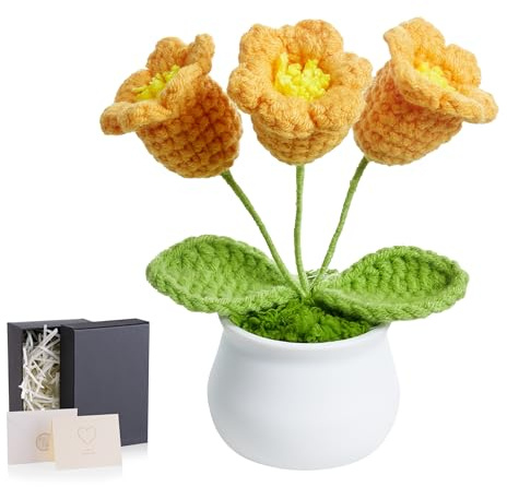 MAIBAOTA Orange Crochet Flowers Handmade Lily of The Valley | Knitted Flower Bouquet Potted Plants Birthday Gifts for Women Desk Decor Accessories