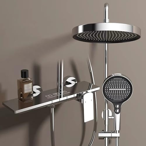 Colonne de Douche avec Mitigeur Monocommande, Hauteur Réglable Ensemble de Douche avec 4 Jets Douchette Système de Douche 32.5cm Pommeau de Douche, Bec Cascade(Chrome)