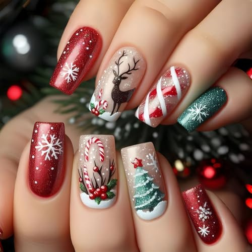 Christmas Press On Nails - Middle Square False Nails - Cute Winter Nail Arts With Reindeer & Snow - 24pcs Red & Green Xmas Stick On Nails With Jelly Glue