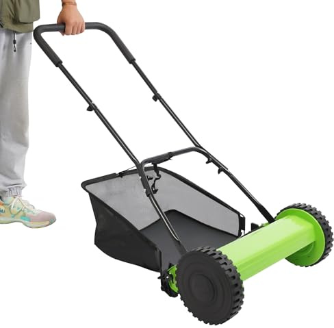 Push Reel Lawn Mower 15.75-Inch Manual with Adjustable Height and Grass Catcher for Small Medium Lawns Yards Home Use