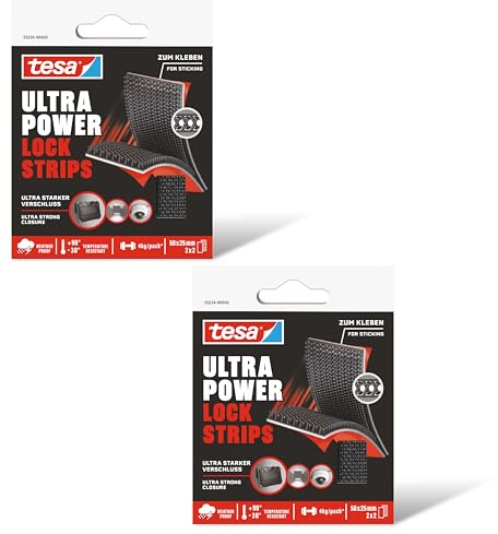 tesa Ultra Power Lock Strips - selbstklebende Klettband-Streifen mit extrem starkem Klettverschluss - wetterfest, UV- und temperaturbeständig - Klebeband für innen- und außen (Schwarz, 2 Packungen)