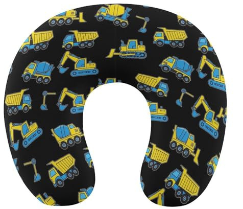 WUXEKZO Premium Cool Black Yellow Buldozer Excavator Construct Machines Art U-Shaped Pillow Supports The Head Polyester Pillows for Bus Office, in Any Sitting Position, Washable Cover