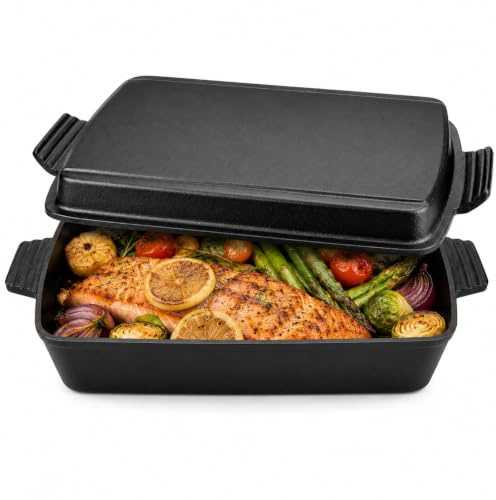 2 in 1 Cast Iron Dutch Oven with Skillet Lid, 5L Rectangular Casserole Dish | Pre-Seasoned Cast Iron Pot, Non Stick Roasting Dish Baking Pan for Frying Grilling, 32.3 x 23.4cm
