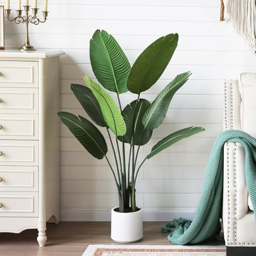 VeriNatural 120cm Tall Artificial Bird of Paradise Plant Indoor Fake Plant Tree - Large Decorative Faux Banana Palm with Green Moss & White Pot - Home House Decor for Living Room or Office