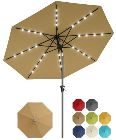10FT Solar Patio Umbrella with 32 LED Lights - UV-Resistant, Waterproof Outdoor Market Table Umbrella, Crank Lift, Push Button Tilt, 8 Sturdy Ribs - for Garden, Pool, Deck, Yard - Color: Euro 4 Khaki