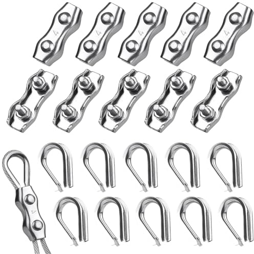 Seutmrou 10 Piezas 4mm Abrazadera de Cable Dúplex Clips y 10 Cable Dedales, Abrazadera Dúplex, Abrazadera Cable Acero Inoxidable 304 para Tendedero Fijo y Vela Solar, Cubierta de Barco, Toldo