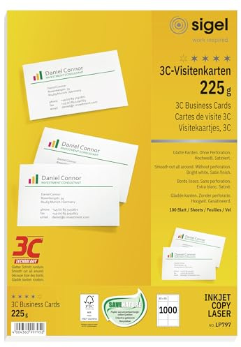 SIGEL LP797 bedruckbare Visitenkarten 3C, 1000 Stück (100 Blatt), hochweiß, glatter Schnitt rundum, 225 g, 85x55 mm