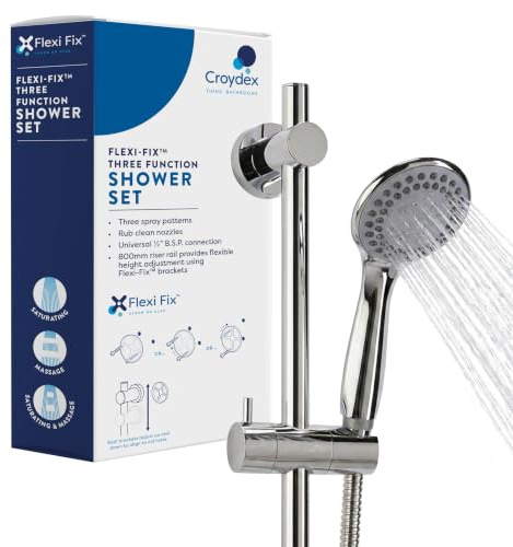 Croydex Complete Shower Kit with 3 Spray Patterns, Flexi-Fix™ Brackets | Shower Head | 80cm Riser Rail |1.5m Shower Hose | Adjustable Slider | Rub Clean Nozzles | Optional Water Saving Insert