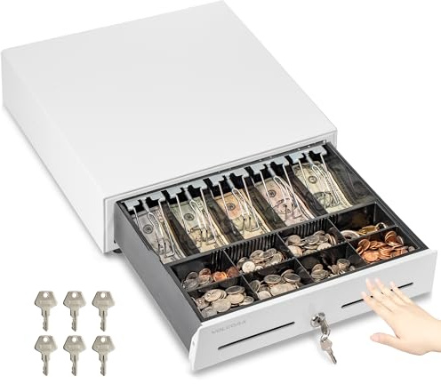 Volcora 16 Push Open Cash Register Drawer for Point of Sale (POS) System, Partial Removable White Heavy Duty Till with 5 Bills/8 Coin Slots, Key Lock and Double Media Slots