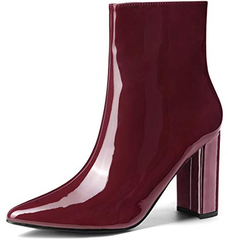 Allegra K Women's Chunky Heel Pointed Toe Zip Ankle Boots Burgundy 3.5 UK/Label Size 5.5 US