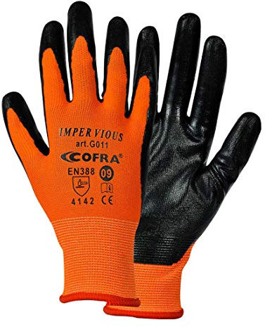 Cofra Profi 7-11 - Guantes de Trabajo con Recubrimiento de nitrilo y Guantes de Seguridad de nitrilo, Naranja