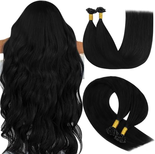 YoungSee Bonding Extensions Echthaar Schwarz,U Tip Extensions Schwarz,Keratin Bondings Echthaar Glatt,Extension Echt Haar Bondings 40 cm,für Damen,40g,1