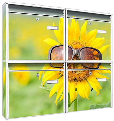 banjado Briefkastenanlage 4 Fach - Postkästen groß - verzinkter Stahl weiß DIN A4 Motiv Sunny - Briefkasten Set 4 Briefkästen Namensschild, 2 Schlüssel, Montagematerial
