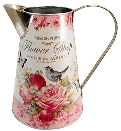 Large Jug Artificial Flower Vase Bluebird Pink Rose Butterfly Design Flower Shop French Style Metal Decal Style for Dried or Faux Flowers 22cm