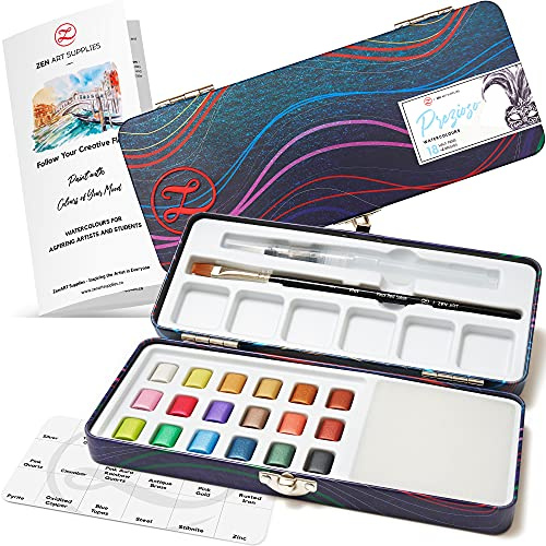 Metallic Aquarellfarben für Anfänger - 18 Halbgefäße Aquarellfarben Set mit Pinsel, Wasserpinsel, Mischbereich in einer schönen Zinnbox - PREZIOSO Tragbares Aquarell Set von ZenART
