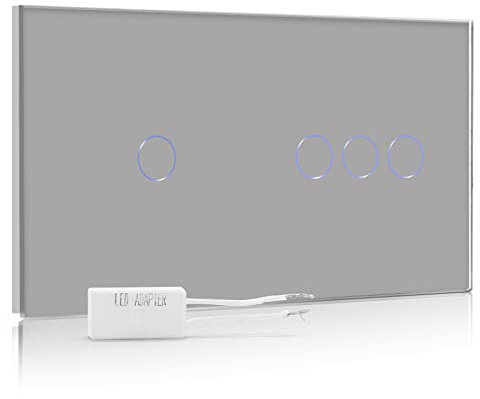 BSEED Interruptor regulador de luz 1 Gang 1 Vía+1 Gang 2 Vías,interruptor táctil de pared Gris con indicador LED,interruptores de luz pared con panel de vidrio templado(Adaptador Led requerido)