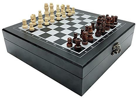 FURUIWUFENG Schachspiel 4 in 1 Klappschnitzerei Holzschach Set Portable Schachspiel Poker Domino Set für Familienspiele, Kinder, Erwachsene Magnetisches faltbares Schachbrett (Color : Black Color)