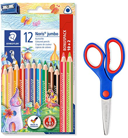 STAEDTLER dicke Buntstifte Noris jumbo in Dreikantform und Bastelschere Noris Club mit gerundeten Klingen, 12 Buntstifte inkl. Spitzer und 14cm Schere, 128 NC12P1X