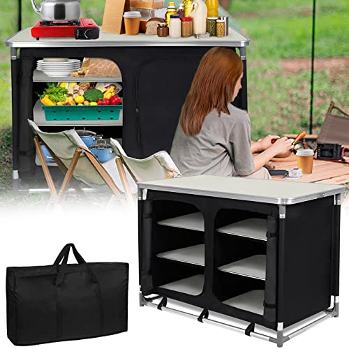 YZNAHRE Campingküche Campingschrank mit Aluminiumgestell, Outdoor Camping Küche Reiseküche Zeltschrank Küchenbox Ink. Tragetasche, 6 Fächer - 100 x 50 x 80 cm