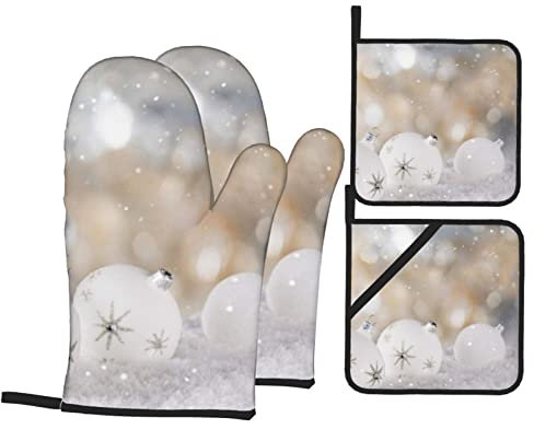 Weiße Weihnachtskugeln bedruckte Ofenhandschuhe und Topflappen, hitzebeständig, wasserdicht, Topflappen, Grillhandschuhe für Küche, Backen, Kochen, 4 Stück