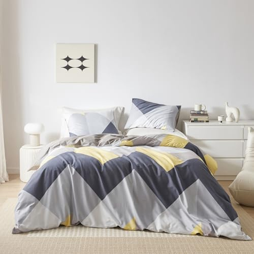 SUSYBAO Yellow Zigzag Patterned Duvet Cover Queen 100% Cotton 3 Pcs Set 1 Navy Blue Geometric Duvet Cover with Zipper Ties 2 Pillowcases Modern Reversible Grey Triangle Pattern Bedding Set Soft