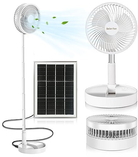 8 inch Portable Standing Fan, Solar Powered Foldable Pedestal Fans, 5200mAh Rechargeable Battery USB Powered Table Fan, Height Adjustable, 3 Speeds, Quiet Desk Floor Fan for Bedroom Office Camping