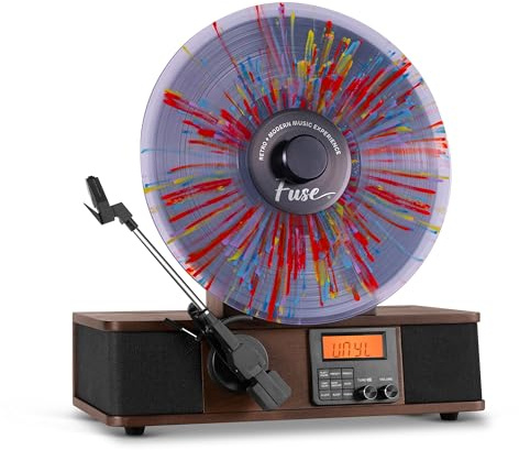 Fuse Reproductor de Discos de Vinilo Vertical Envolvente, Radio FM, Entrada y Salida Bluetooth, AUX, Salida de línea, Reloj Despertador, Aguja de cerámica, Altavoces de Rango Completo