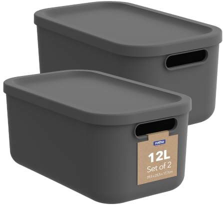 Rotho Albula Aufbewahrungsbox mit Deckel 2er-Set 12 L stapelbar Anthrazit | Aufbewahrungsbox mit Deckel, nestbar bei Nichtgebrauch, sicher verschließbar, aus recyceltem Kunststoff, mit Griffen