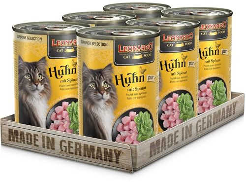 LEONARDO Katzen Nassfutter Superior Selection, Huhn mit Spinat, 6x400g Dose, für ausgewachsene Katzen, getreidefrei, ohne Zucker, Made in Germany