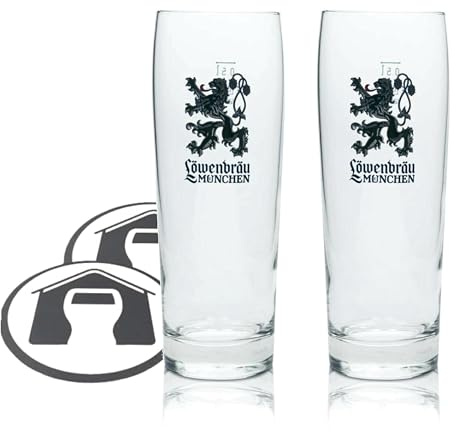 GarageBar | Lowenbrau Beer Glasses | Authentic Pint Beer Glasses | Official Merchandise | PerfectDraft Compatible | Comes with 2X Beer Drip Mats | 2 Glasses